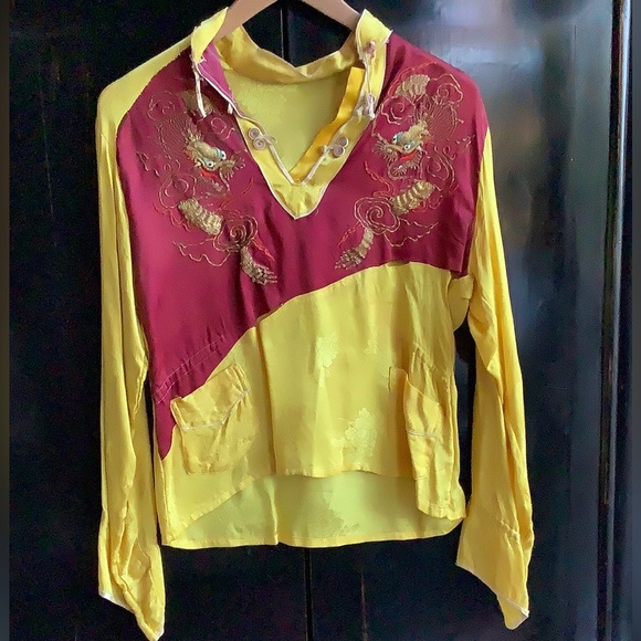 Antique Embroidered Brocade Asian Dragon Shirt - Picture 6 of 9